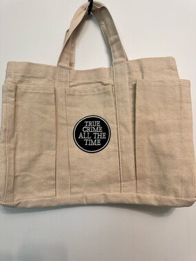 Canvas Tote Bag with 'True Crime All The Time' Patch - Natural